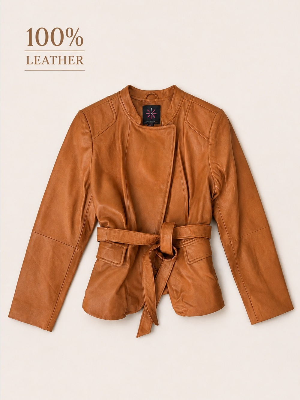 Isaac Mizrahi Live Genuine Leather Belted Jacket Cognac Brown Size 12